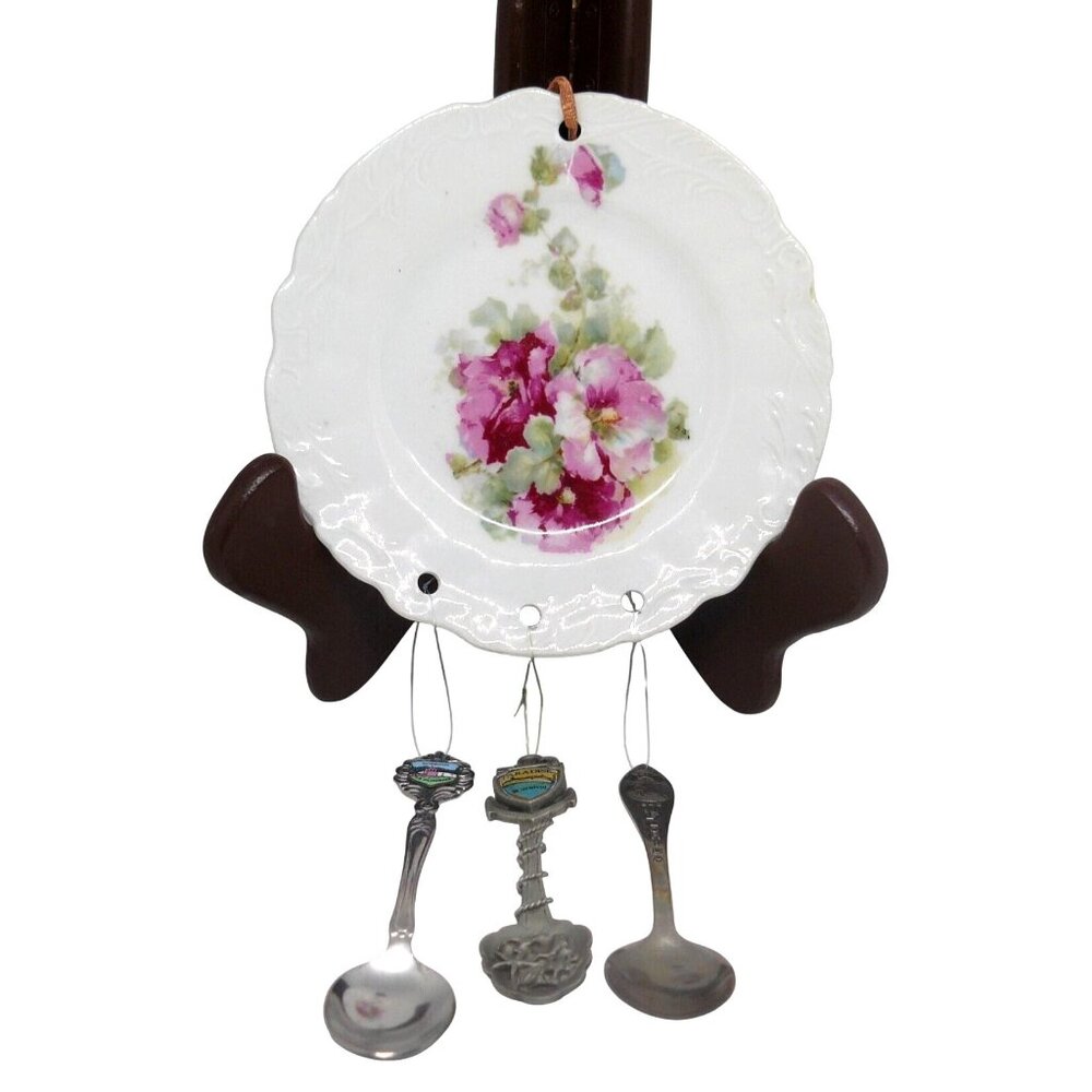 Floral Porcelain Plate & 3 Collectible Souvenir Spoons Handmade Wind Chimes Vtg
